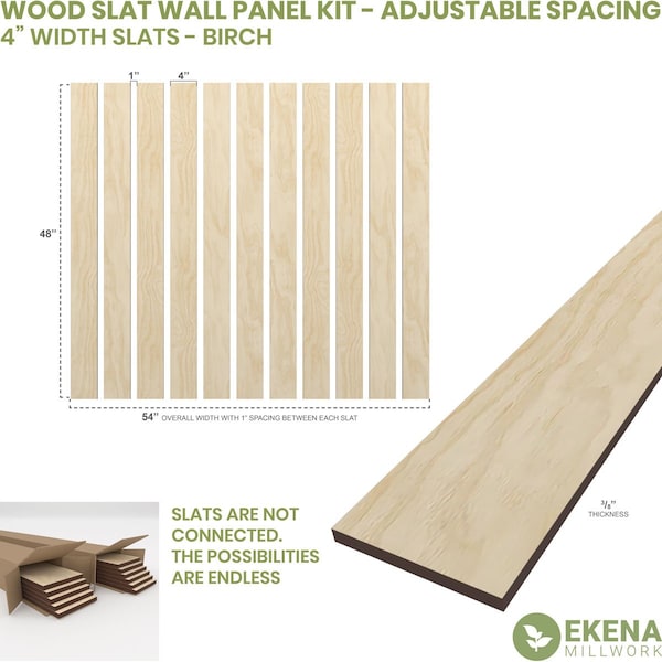 48H X 3/8T Adjustable Wood Slat Wall Panel Kit W/ 4W Slats, Birch Contains 11 Slats